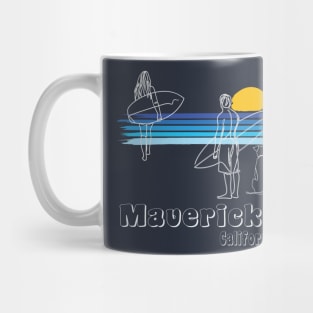 Mavericks California surf guy and girl with dog surfing line art Mug